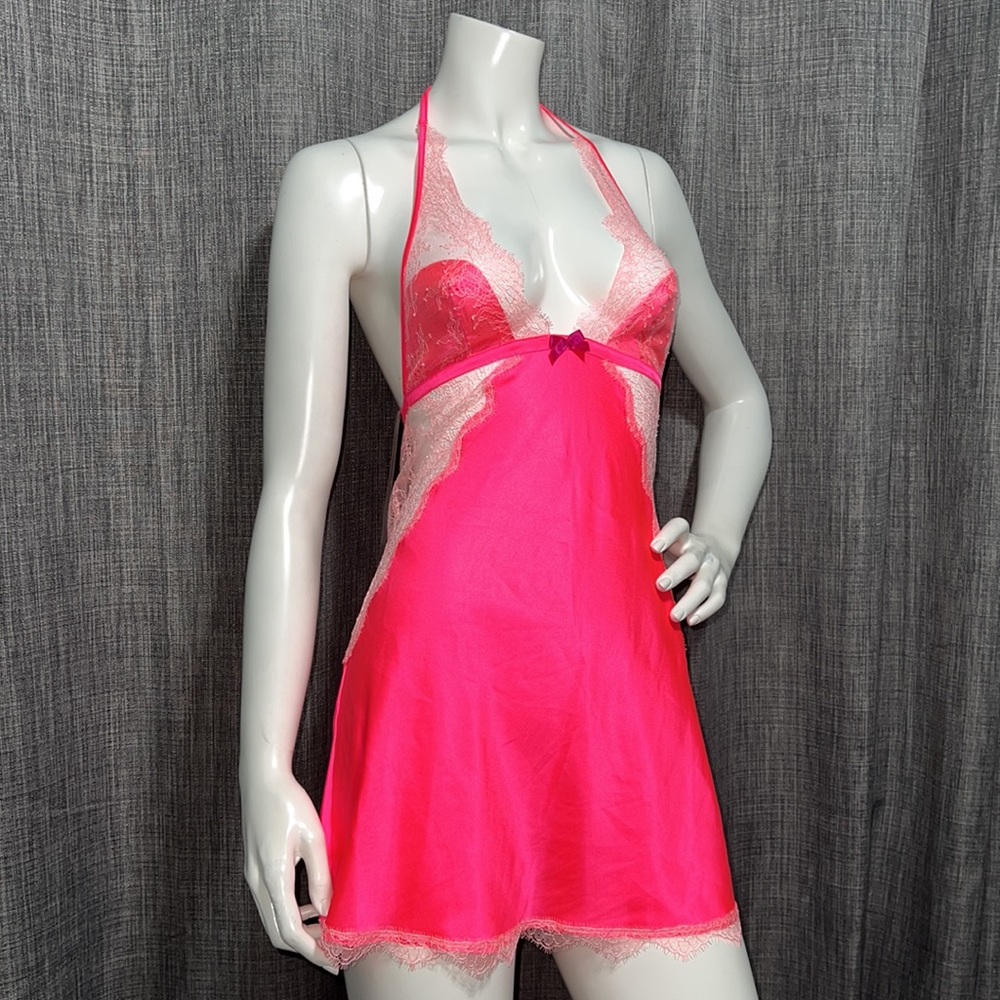 NWOT Victoria’s Secret Very Sexy Lace Trimmed Negligee Slip Neon Pink S